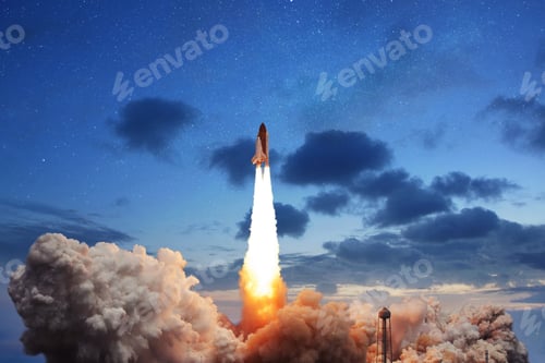Preview: The new space shuttle takes off into the evening sky with stars. Successful launch