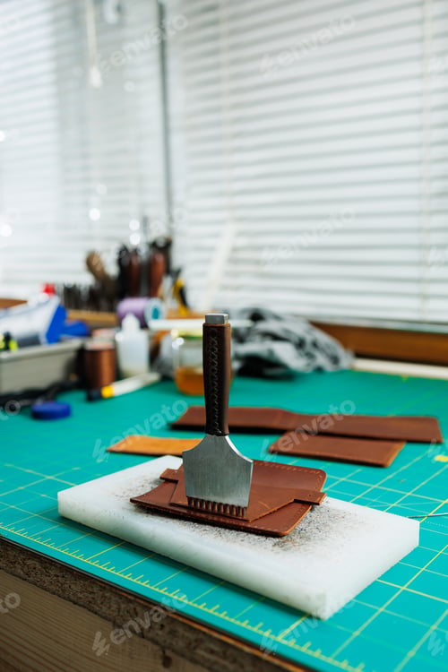 Preview: A work table for the manufacture of products from genuine leather. Tools for manual leather work