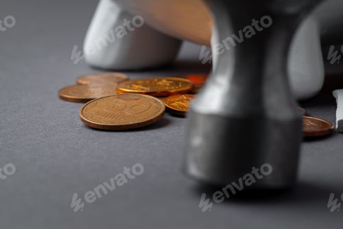 Preview: Broken piggy bank with ukrainian hryvnia coins. Poverty concept