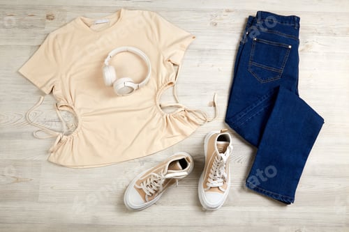 Preview: Woman's casual day outfits. Beige T-shirt, blue jeans and sneakers.