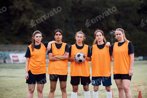Preview: Team of female soccer players standing on playing field and looking at camera.