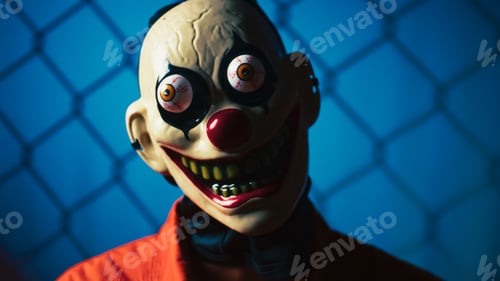 Preview: Creepy Clown Staring In Prisoner Costume Against Blue Fence