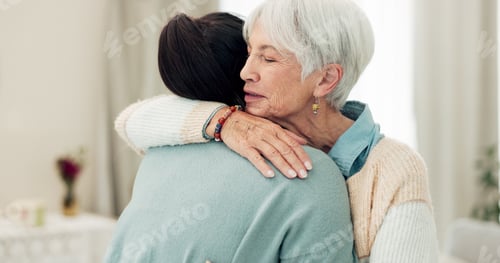 Preview: Happy senior woman, hug and elderly care for thank you, gratitude or support for caregiver at home.