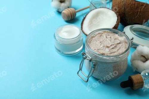 Preview: Skin care scrub concept on blue background
