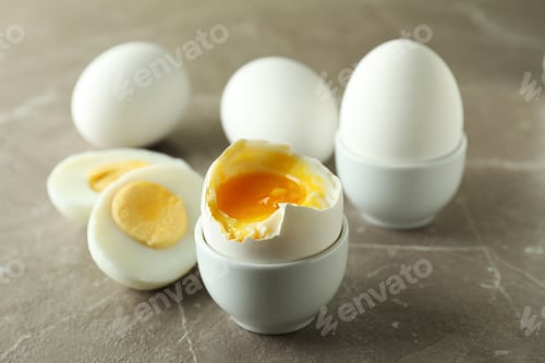 Preview: Tasty boiled eggs on gray textured table