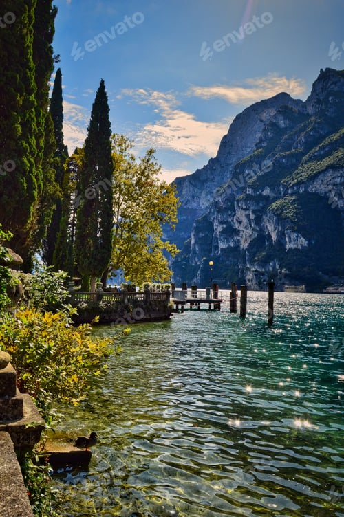 Preview: town Riva del Garda - promenade, park, lake, blue water, branches, trees, cliff, sunshine, cypress