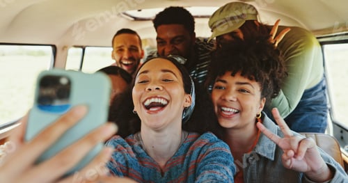 Preview: Peace sign, selfie and smile with friends in vehicle together for outdoor holiday, travel or vacati
