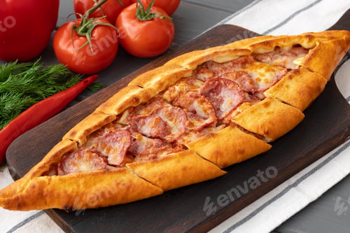 Preview: Close up of Turkish Pide bread on wooden table