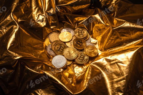 Preview: Cryptocurrency coin and bitcoin on golden background