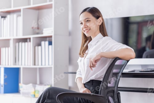 Preview: Portrait of young girl business asian woman charming smiling and financial planning work at office