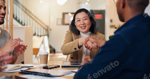 Preview: Happy, business people or meeting with handshake for hiring, recruiting or career promotion at offi