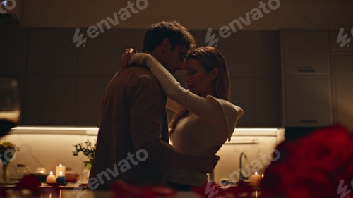 Preview: Romantic spouses dancing kitchen feeling closeness close up. Couple evening date