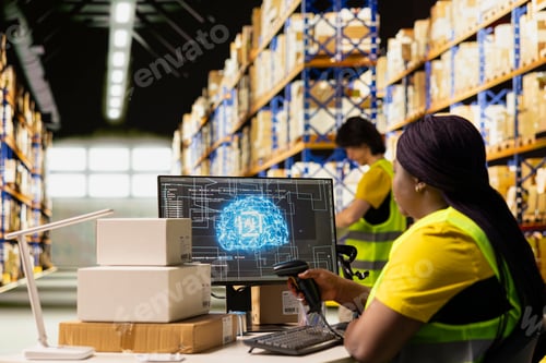 Preview: Young woman scanning barcodes with AI automation systems
