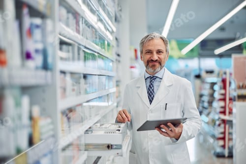 Preview: Portrait of a grey-bearded male pharmacist using a digital tablet for work.