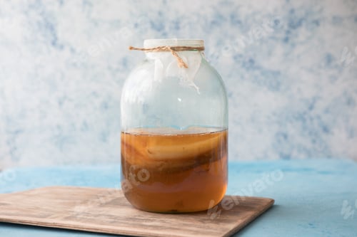 Preview: Raw fermented homemade alcoholic or non alcogolic kombucha. Ice tea with healthy natural probiotic