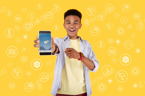 Preview: Weather Forecast. Emotional Student Feeling Happy And Pointing To The Screen Of His Smartphone