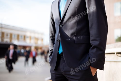 Preview: Businessman with hands in pocket, partially obscured, London, UK