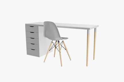 Preview: White Desk and Wooden Chair with Black Accents