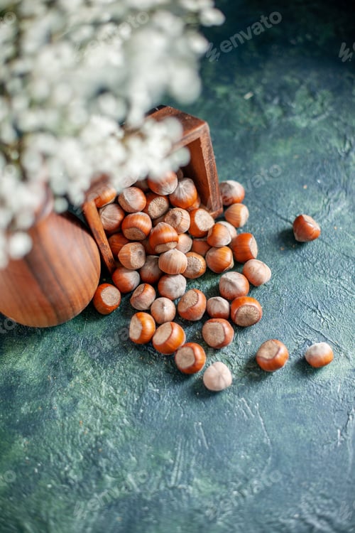 Preview: front view fresh hazelnuts on dark-blue background shell nut cips walnut peanut color snack