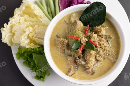Preview: Chicken green curry in a white cup on the cement ground