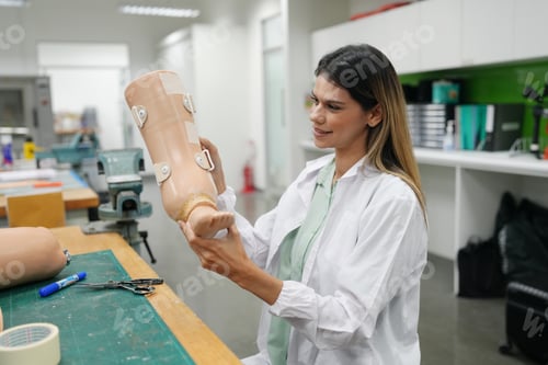 Preview: Healthcare professionals, Orthopedic technician adjusting prosthetic leg for disabilities people