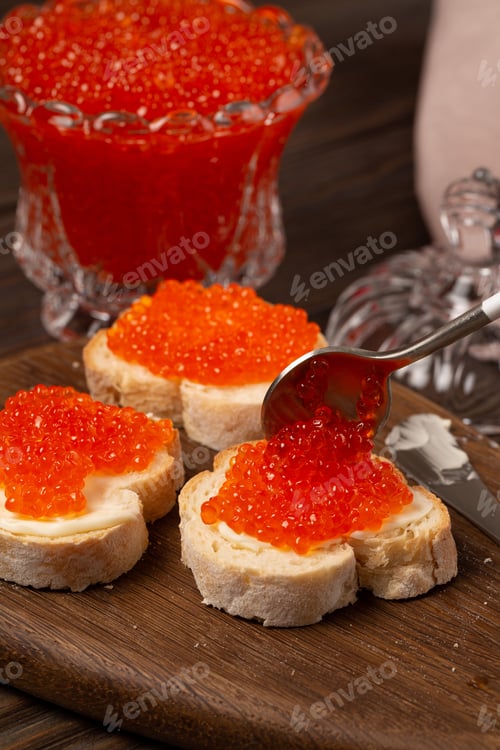 Preview: Baguette sandwiches with butter and red caviar