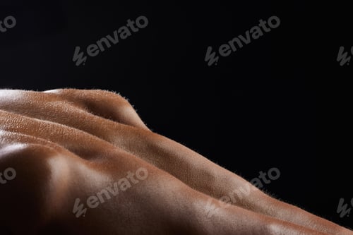 Preview: Man, back and sweat on athlete skin in workout, exercise or body builder with strong, muscle in pus