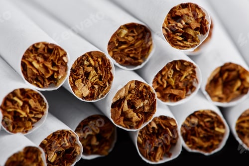 Preview: Cigarette Close Up Isolated On Blak Background. Drug Addiction. Tobacco Smoking. Cancer. Nicotine