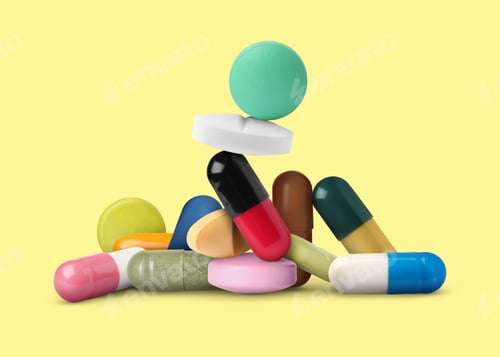 Preview: Different antibiotic pills on pale yellow background