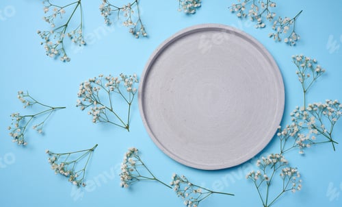 Preview: An empty gray round decorative plate on a blue background, around a gypsophila branch