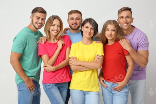 Preview: Group of young people on light background. Unity concept