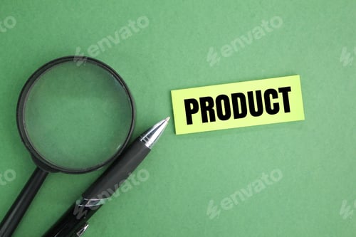Preview: pen, magnifying lens and colored paper with the word product. product concept