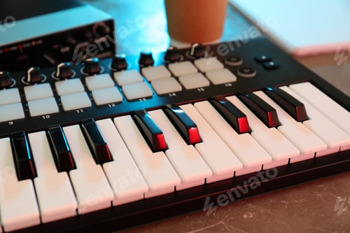 Preview: Musician workplace with midi keyboard, close up