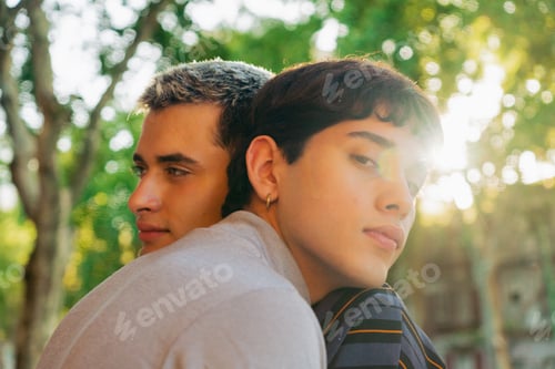 Preview: gay male couple hugging, looking at the camera with confidence