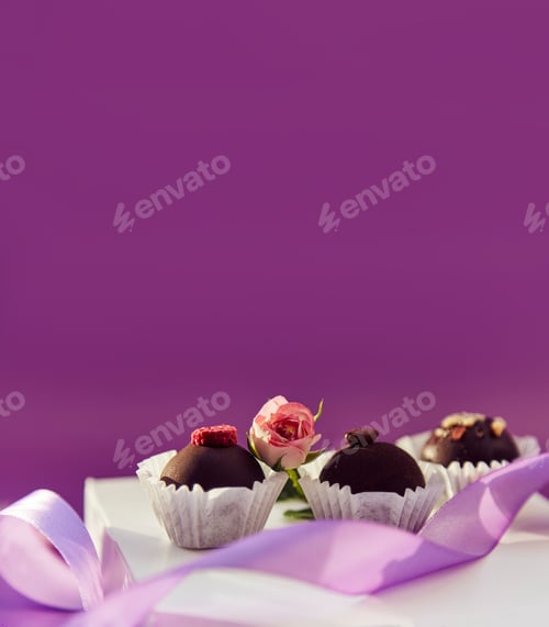 Preview: Festive chocolate sweets. Delicate pink feathers and purple ribbon.