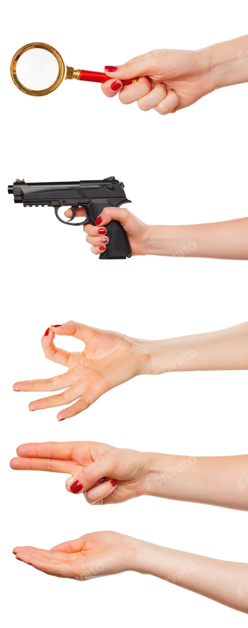 Preview: Multiple images set of female caucasian hand with objects isolated over white background