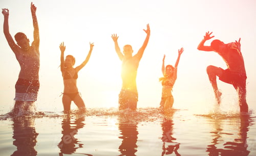 Preview: five friends making party at sunrise