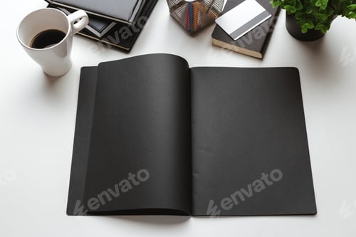 Preview: Blank notebook and coffee cup on workspace with plants and office supplies