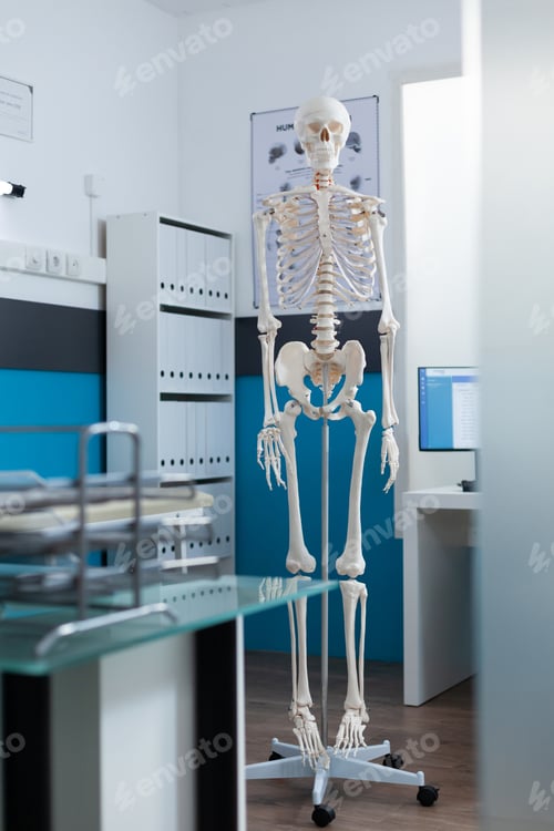 Preview: Empty doctors office with nobody in it equipped with human anatomical skeleton