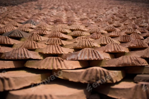 Preview: Closeup of brown roof tiles with ornamental patterns with the bright sunlight