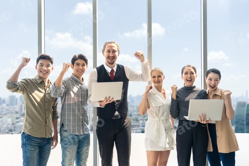Preview: Group of business team have successful talk meeting stand in high rise skyscraper building