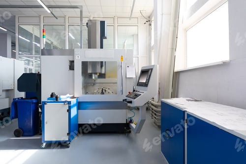 Preview: Inside of factory unit with new modern computerized equipment with screen