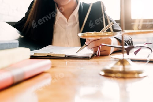 Preview: Judge gavel with Justice lawyers, Business woam in suit or lawyer working on a documents. Legal law