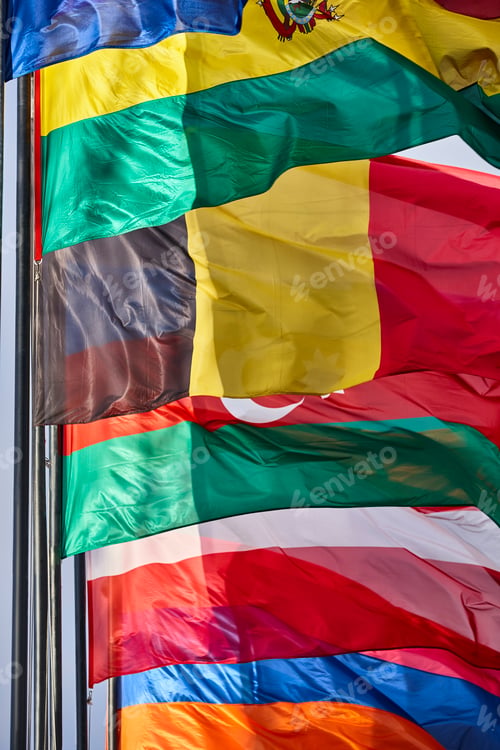 Preview: Flags of the word waving in the wind. Nation emblems
