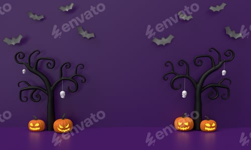 Preview: Happy halloween background pumpkin bat tree dead scary skull ghost violet purple color background wa