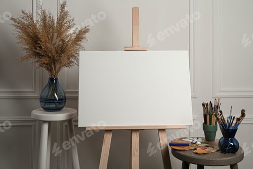 Preview: Easel with blank canvas, brushes, paints and palette in studio