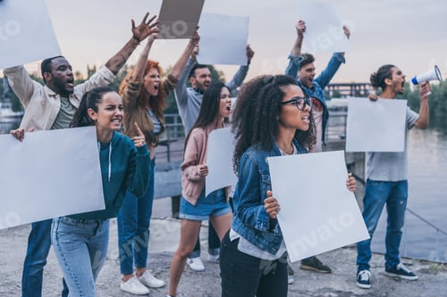 Preview: selective focus of emotional multicultural people holding blank placards