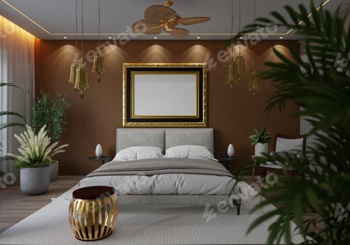 Preview: 3D illustration Mockup photo frame in bedroom, rendering