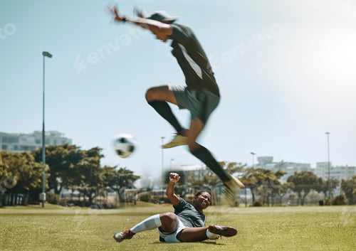 Preview: Football player, soccer ball and field sport for fitness training, workout and game for sports comp