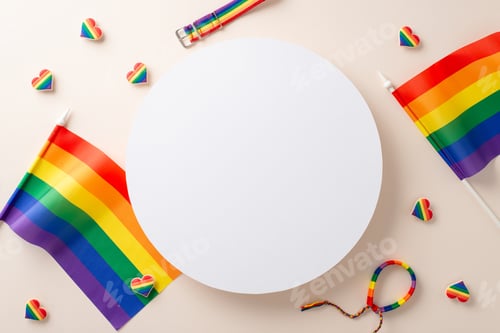 Preview: Flat lay composition of LGBT attributes including blank round podium for text